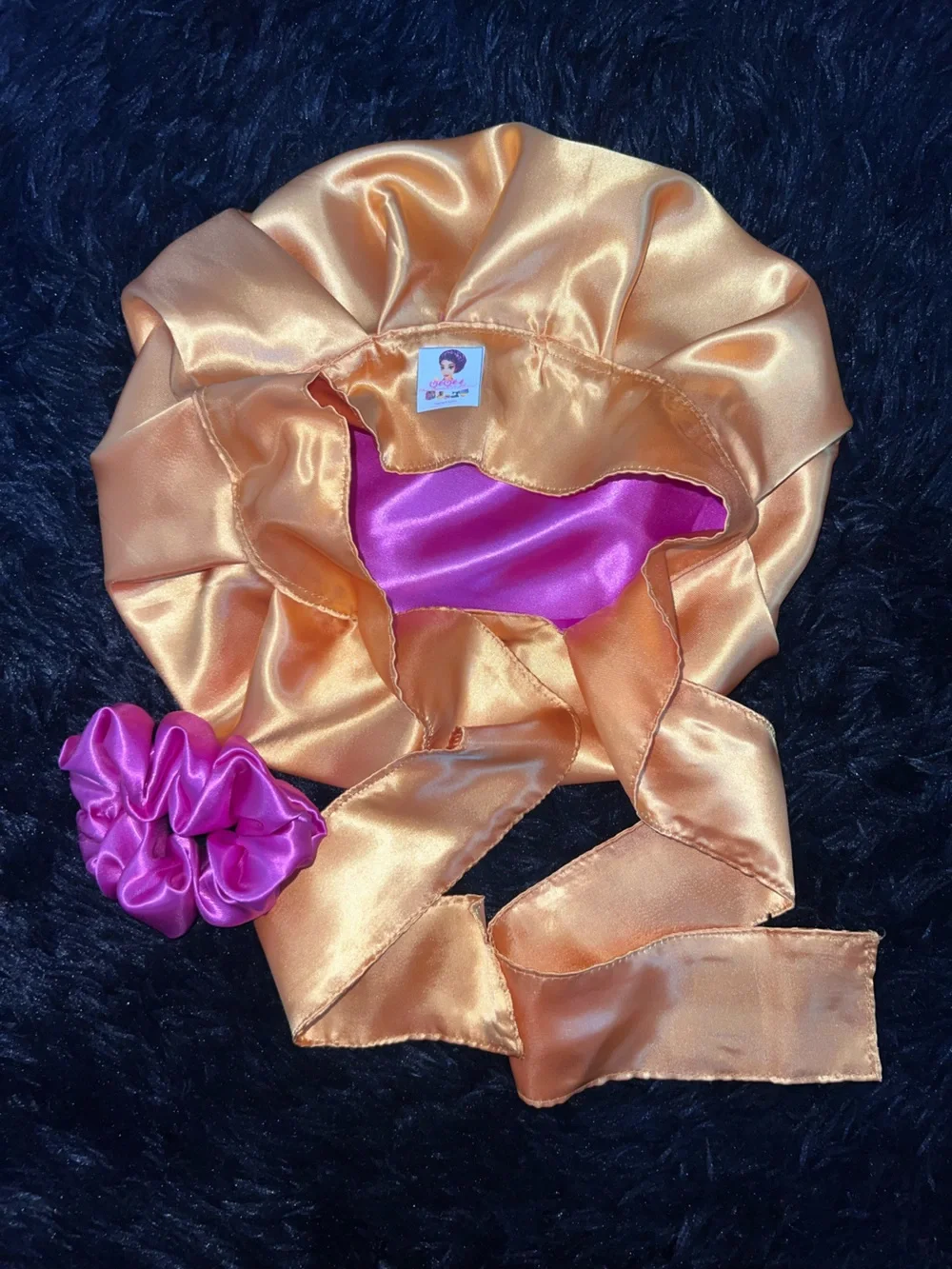 Satin Reversible Hair Bonnet & Scrunchie Set - Gold with Hot Pink